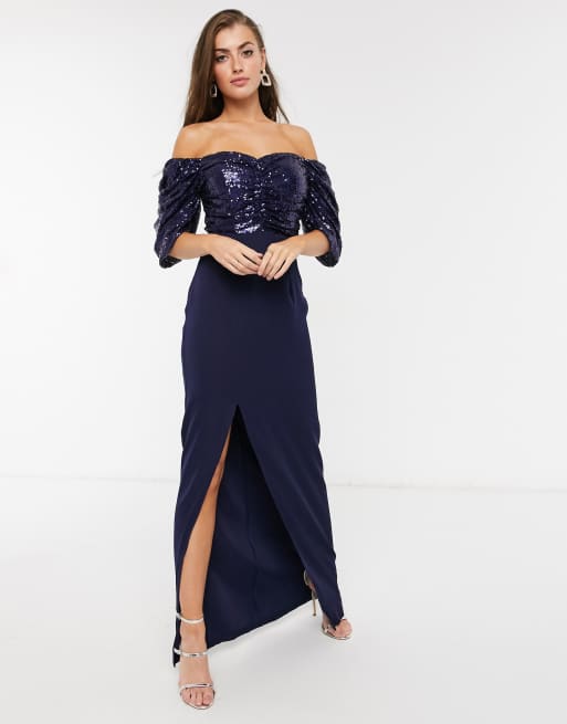 Virgos Lounge Off Shoulder Embellished Drape Maxi Dress With Thigh Slit In Navy Evesham Nj