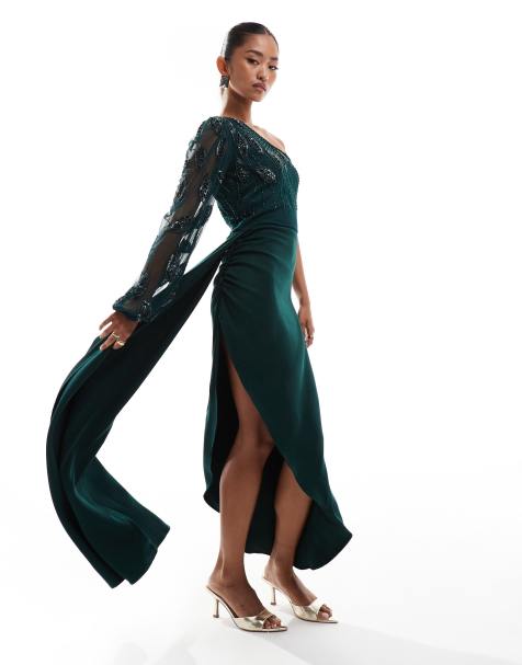 Virgos Lounge one shoulder maxi in green embellishment 