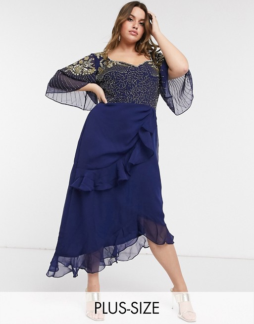Virgos Lounge Plus embellished midi dress with flutter sleeve and ruffle skirt in navy