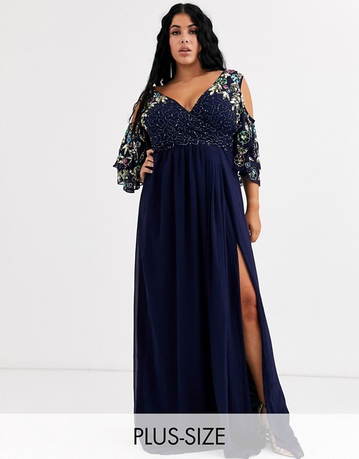 Virgos Lounge Plus maxi dress with embellished cold shoulder sleeve in navy