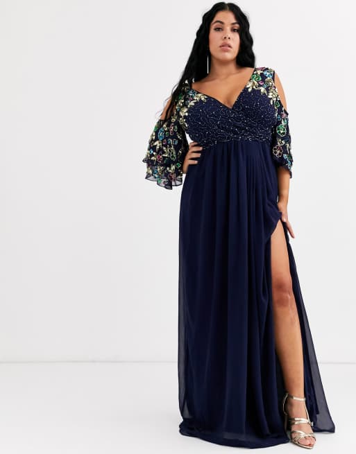 Virgos Lounge Plus maxi dress with embellished cold shoulder sleeve in navy