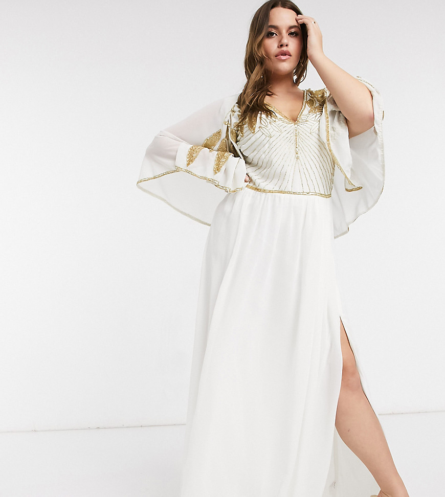 Virgos Lounge Plus - Maxi-jurk met dijsplit en versierde schouders in ivoor-Wit