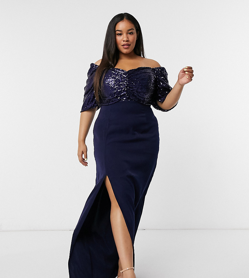 Virgos Lounge Plus off-shoulder embellished drape maxi dress with thigh slit in navy