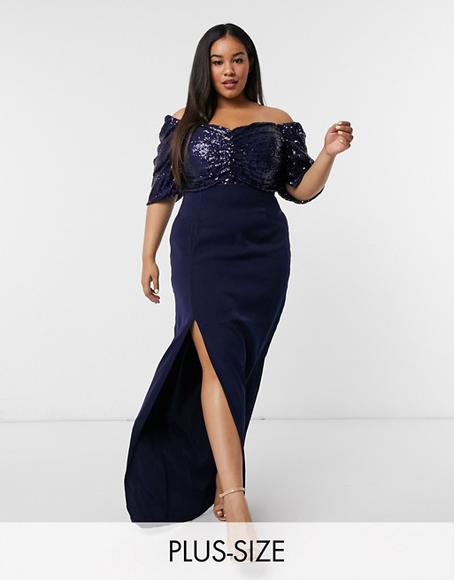 Virgos Lounge Plus off shoulder embellished drape maxi dress with thigh split in navy