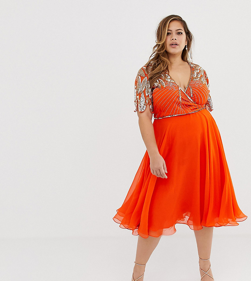 Virgos Lounge Plus – Orange skaterklänning i midimodell med omlottdesign och utsmyckning