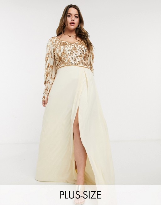 Virgos Lounge Plus puff sleeve embellished maxi dress with balloon sleeves in rose gold