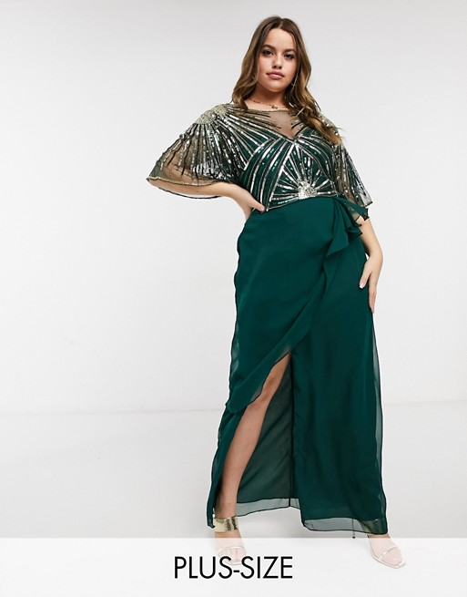 Virgos Lounge Plus ruched side detail maxi dress in emerald green