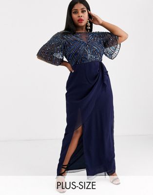 Virgos Lounge Plus ruched side detail with sheer overlay maxi dress in navy - ASOS Price Checker