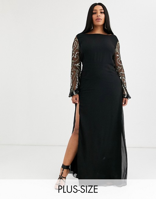 Virgos Lounge Plus sheer long sleeve maxi dress with thigh split in black
