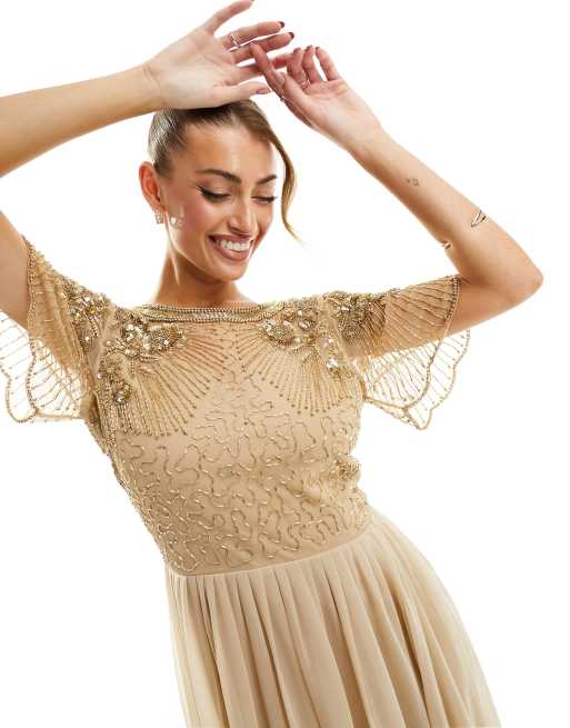 Virgos Lounge - Raina - Beige maxikjole med guldfarvede udsmykninger, 3 af 4
