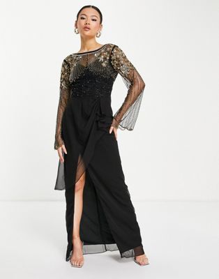 Virgos Lounge Raina long sleeve maxi dress with wrap skirt and embellishment in black