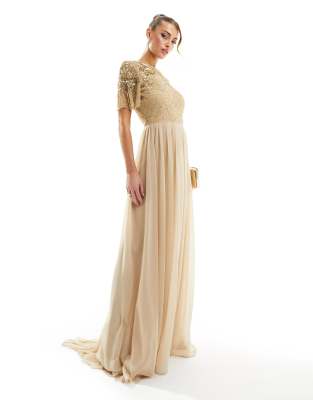 Virgos Lounge Virgos Lounge raina maxi dress in beige with gold embellishment-Neutral