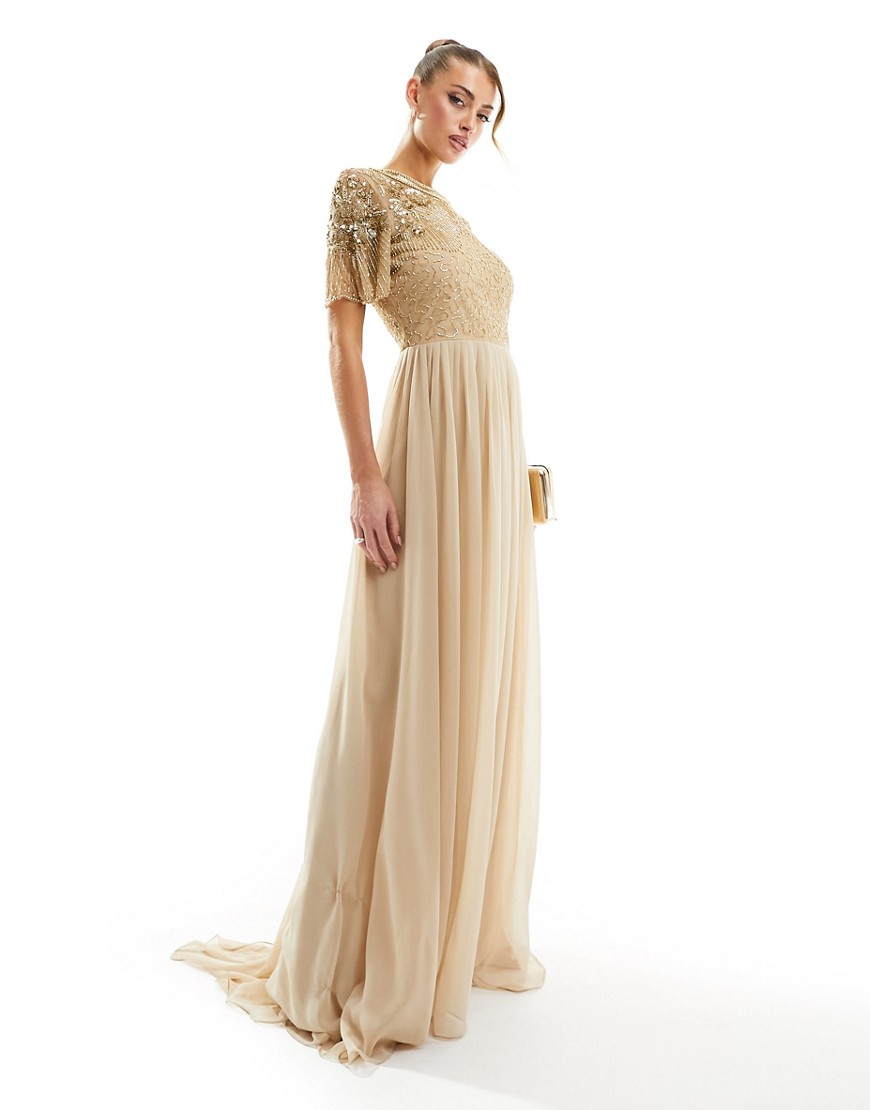 Virgos Lounge raina maxi dress in beige with gold embellishment-Neutral