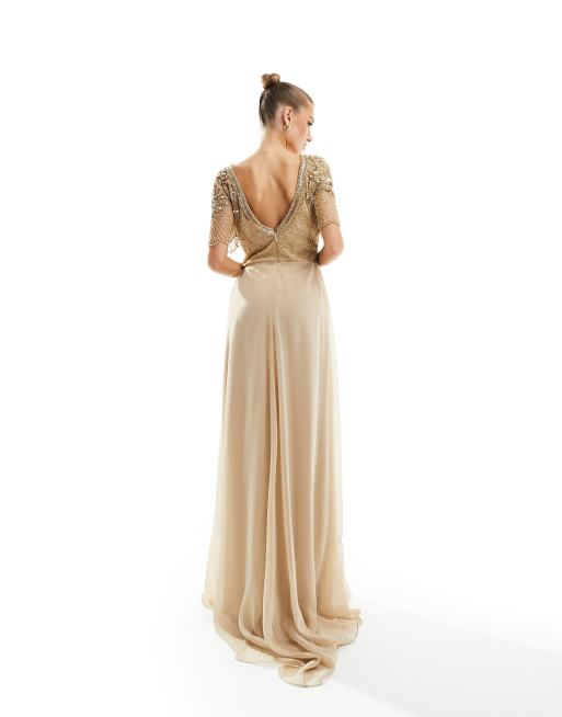 Virgos Lounge - Raina - Maxi jurk in beige met gouden versiering, 4 van 4