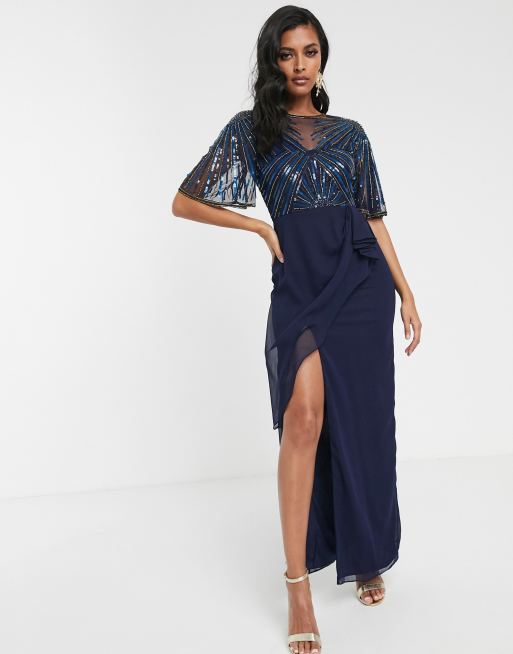 Virgos Lounge ruched side detail with sheer overlay maxi dress in navy ...