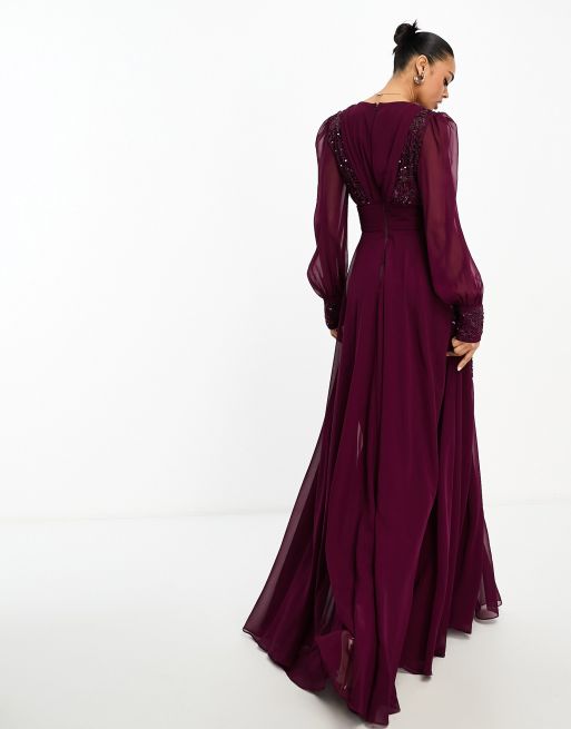 Virgos Lounge selenaa long sleeve embellished maxi in plum, 4 of 4