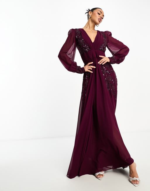 Virgos Lounge - Selenaa - Maxi-dress met lange mouwen en versiering in pruimpaars