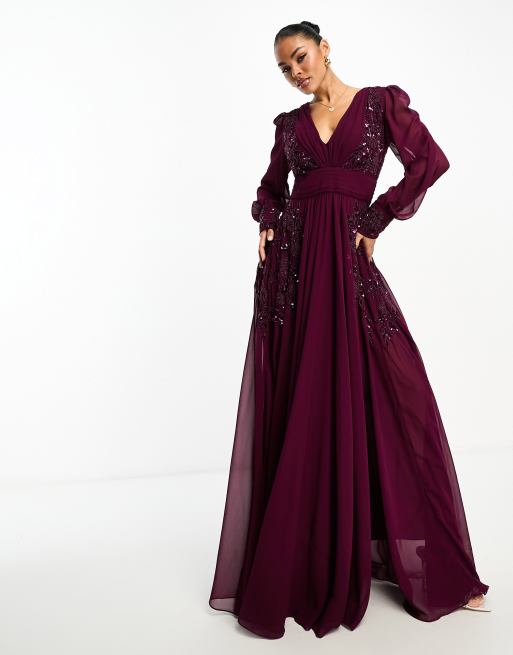 Virgos Lounge - Selenaa - Vestito lungo a maniche lunghe color prugna decorato, 2 di 4