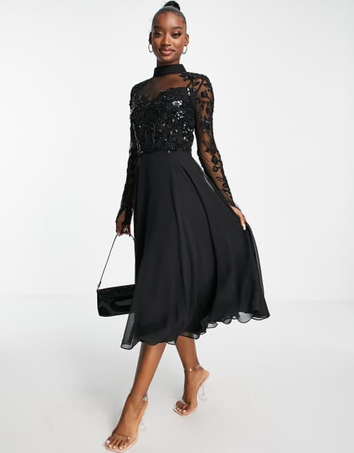 Virgos Lounge – Skater-Midikleid in Schwarz mit verziertem Oberteil 