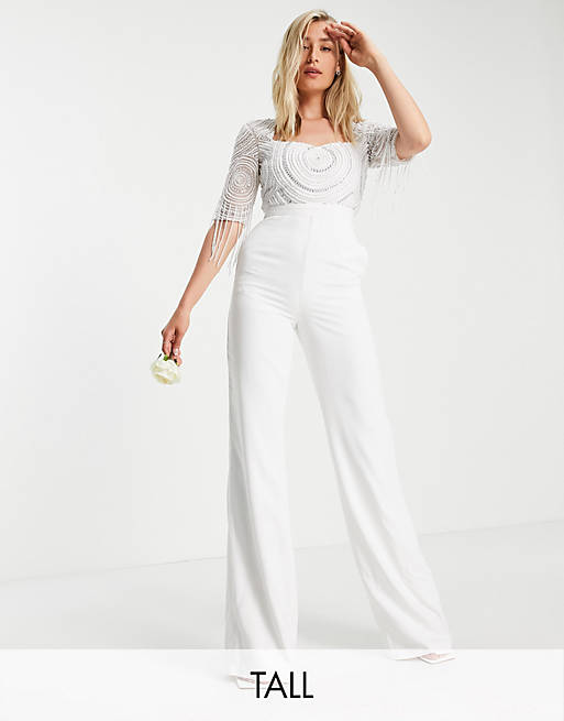 Virgos Lounge Tall Bridal embellished jumpsuit in white