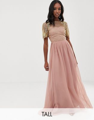 Virgos Lounge Tall sheer embellished flutter sleeve maxi dress in pink