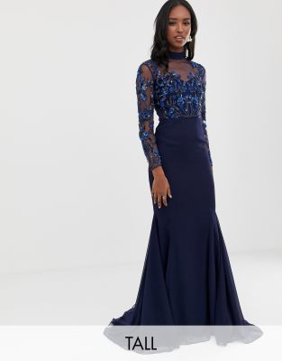 virgos lounge all over embellished long sleeve maxi dress in navy