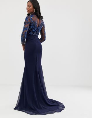virgos lounge all over embellished long sleeve maxi dress in navy