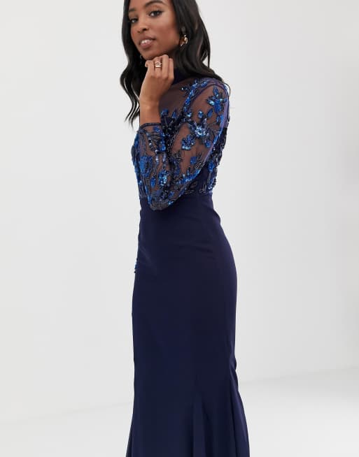 Virgos lounge all over embellished sales long sleeve maxi dress in navy