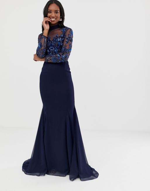 Navy dress with sheer sleeves sale