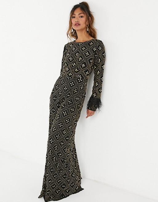 virgosloung all over embellished dress with faux feather detail in black