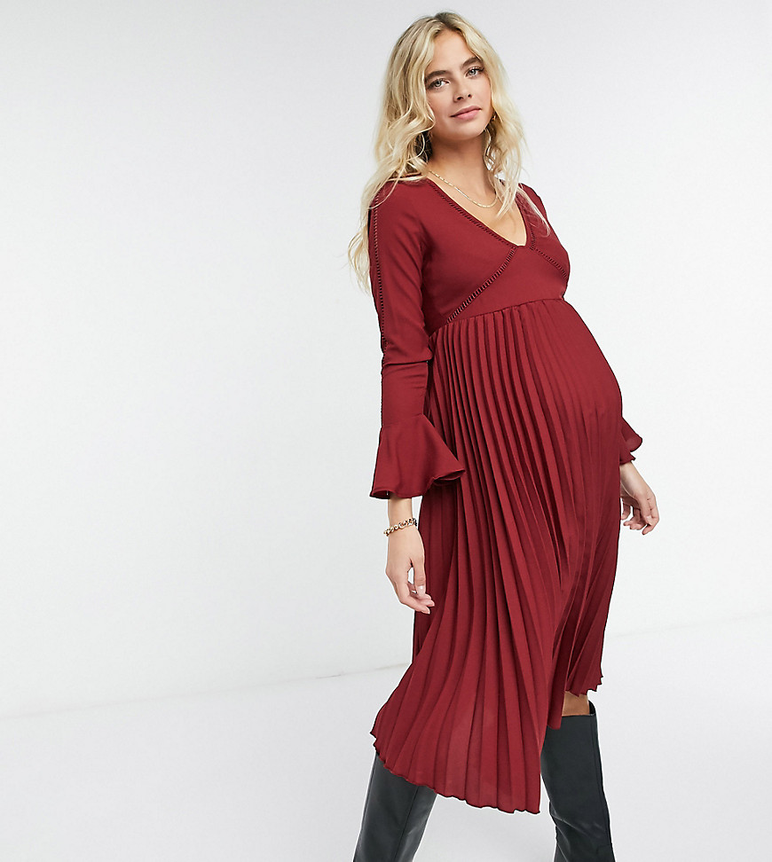 Вишневое плиссированное платье миди с кружевными вставками ASOS DESIGN Maternity-Красный