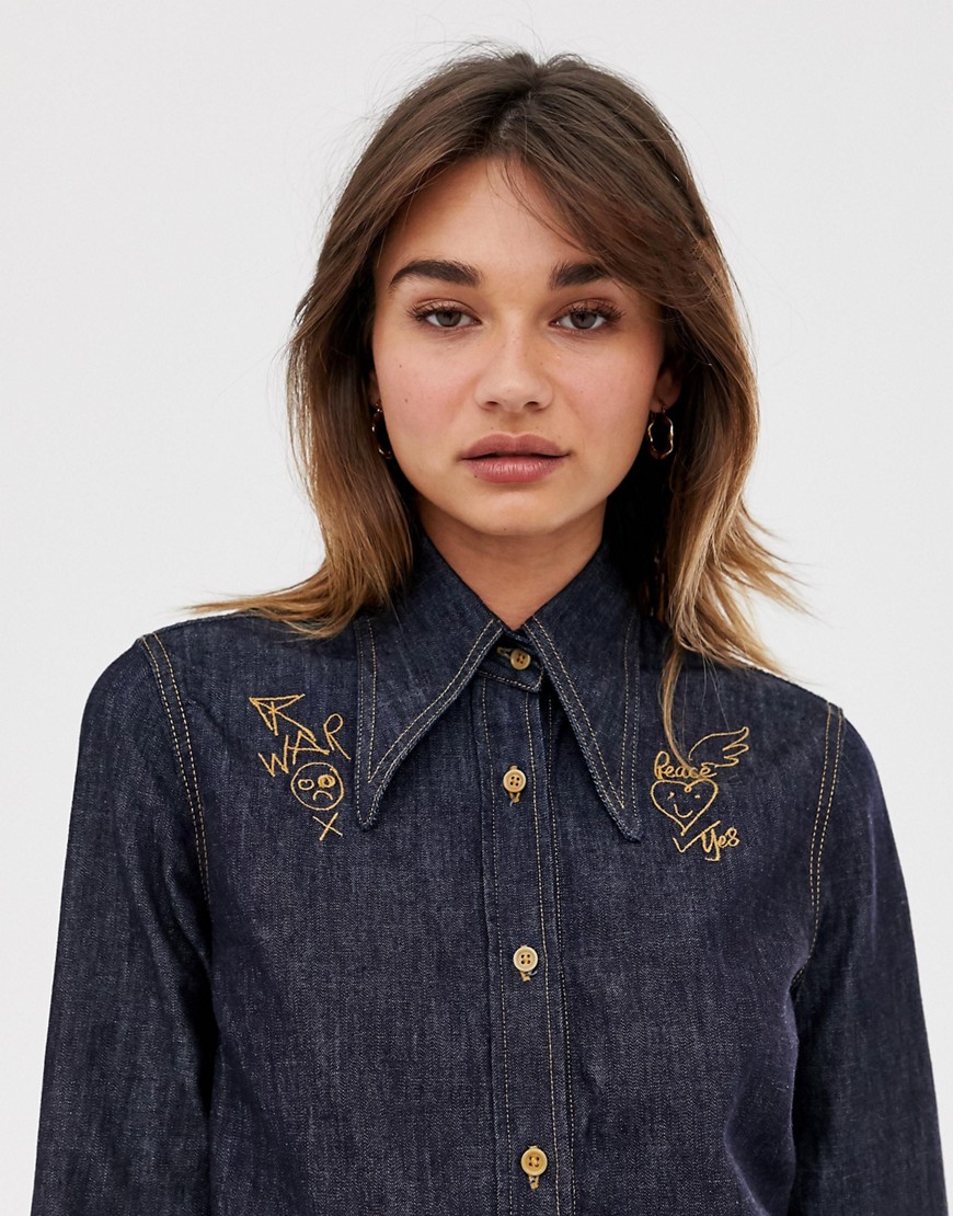 Vivienne Westwood Anglomania embroidered collar denim western shirt-Blue