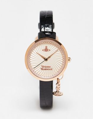 Vivienne Westwood Bow watch with orb charm in black and gold