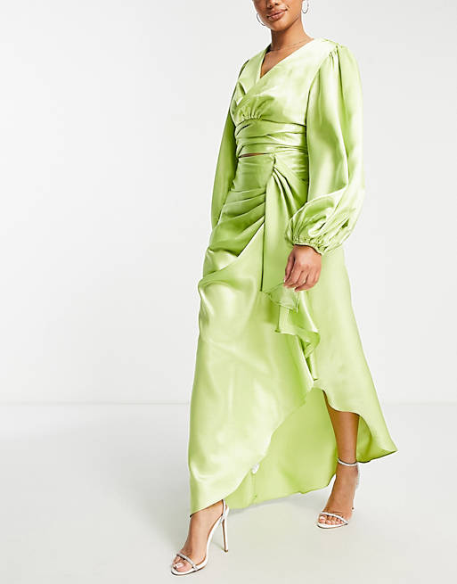 VL The Label frill satin maxi skirt in green (part of a set)
