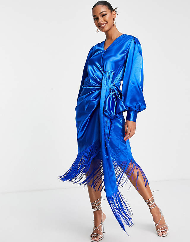 VL the Label - fringed wrap satin midi dress in cobalt