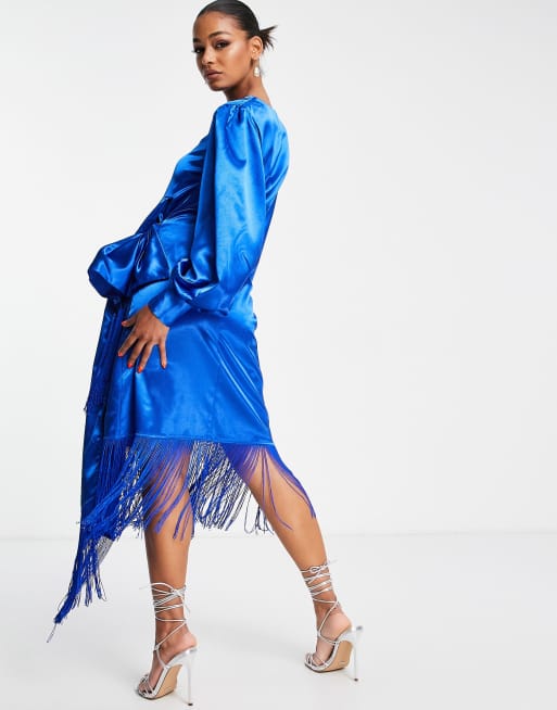VL The Label fringed wrap satin midi dress in cobalt, 2 of 4
