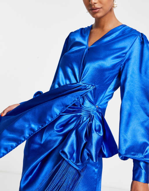 VL The Label fringed wrap satin midi dress in cobalt, 3 of 4