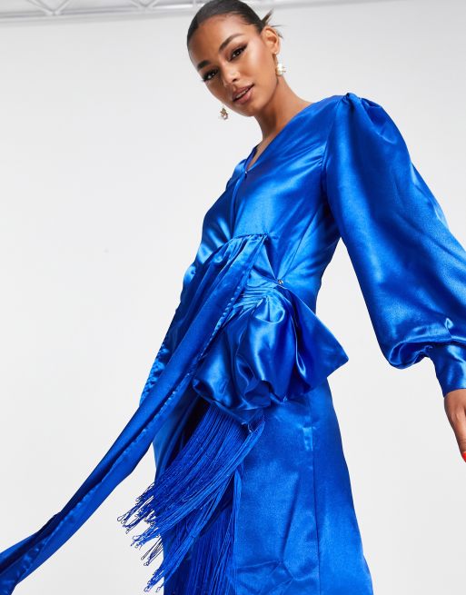 VL The Label fringed wrap satin midi dress in cobalt, 4 of 4