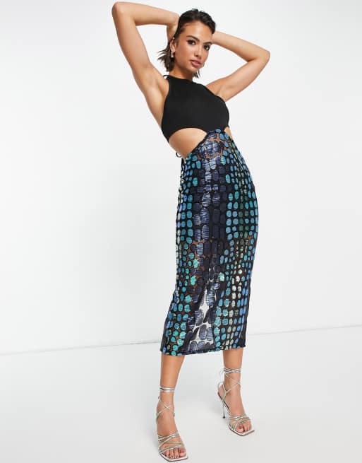 VL The Label halterneck midi dress with sheer skirt in metallic