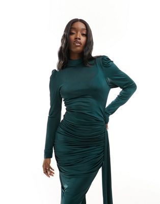 VL The Label maxi ruched high neck dress in dark green