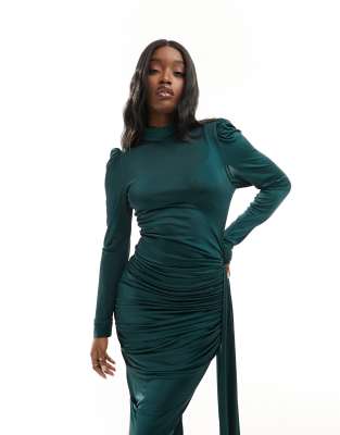 VL the Label VL The Label maxi ruched high neck dress in dark green