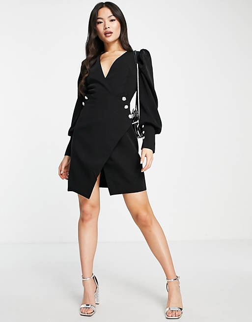 VL The Label - Mini jurk met pofmouwen en V-hals in zwart