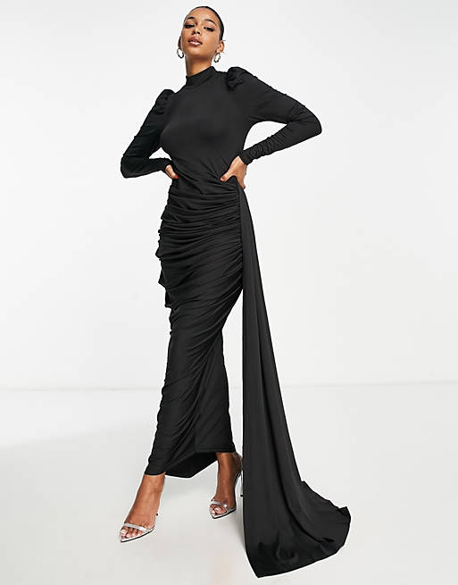 VL The Label modest draped long sleeve maxi dress in black | ASOS
