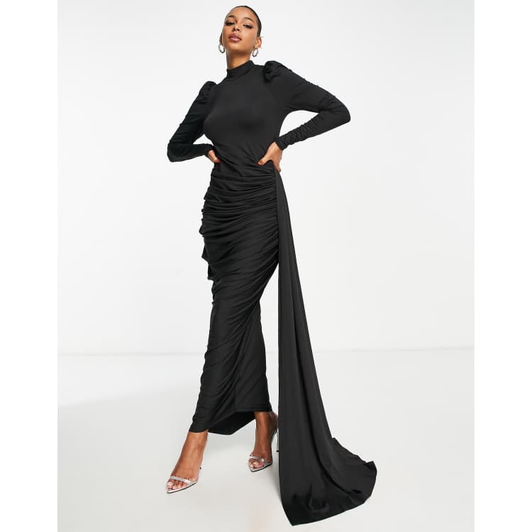 VL The Label modest draped long sleeve maxi dress in black ASOS