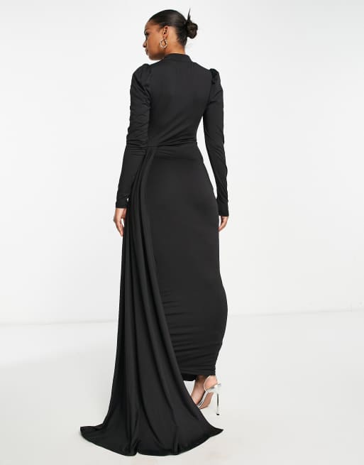 VL The Label modest draped long sleeve maxi dress in black ASOS