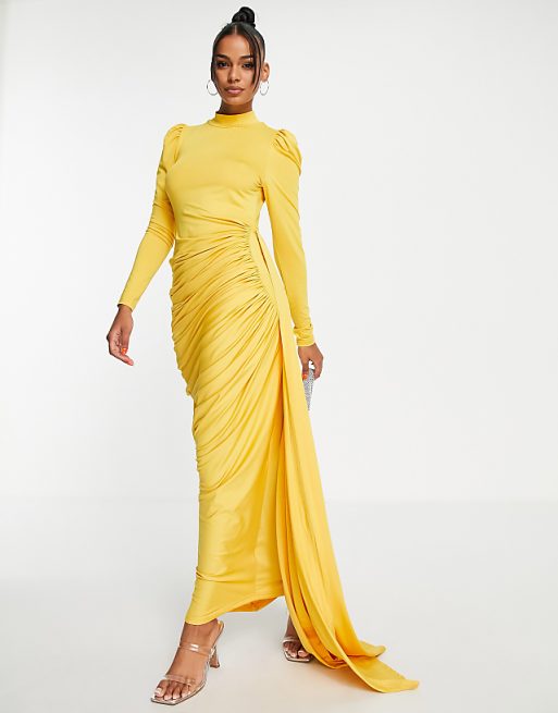 yellow maxi dress with long sleeves Iris Sleeve Satin / Lemon | MESHKI Amber Glow Yellow Long Sleeve Maxi Dress Body Jovani 23325 Yellow Long Sleeve
