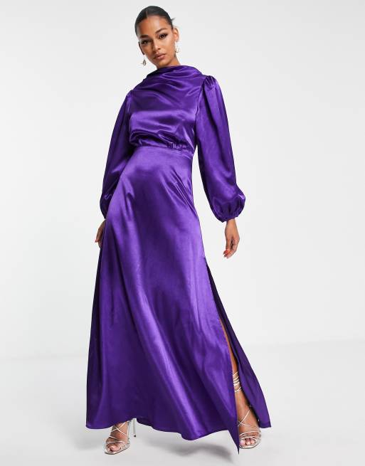 VL The Label – Modest – Lila maxiklänning med långa ärmar av satin