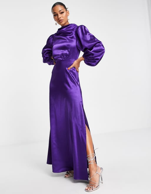 VL The Label modest longe sleeve satin maxi dress in purple