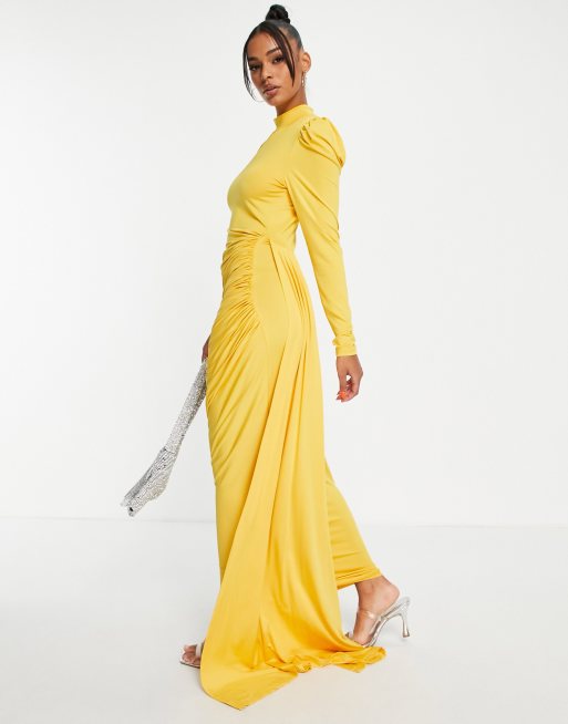 VL The Label - Modest - Vestito lungo a maniche lunghe drappeggiato giallo, 4 di 4