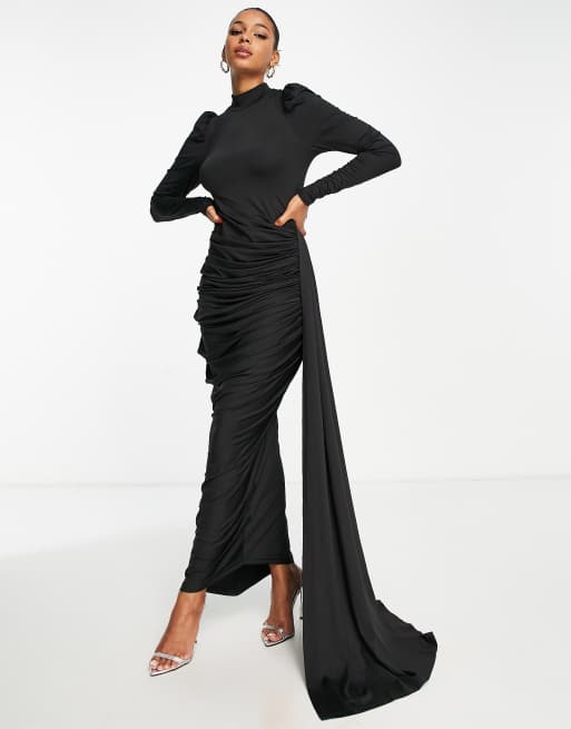 VL The Label - Modest - Vestito lungo a maniche lunghe drappeggiato nero